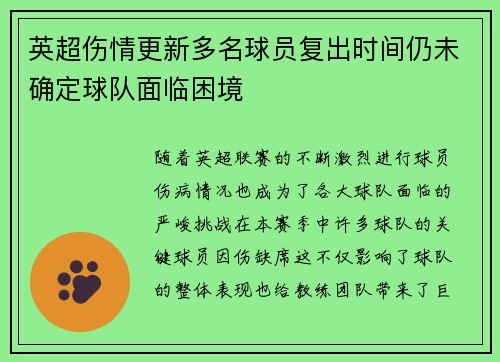 英超伤情更新多名球员复出时间仍未确定球队面临困境