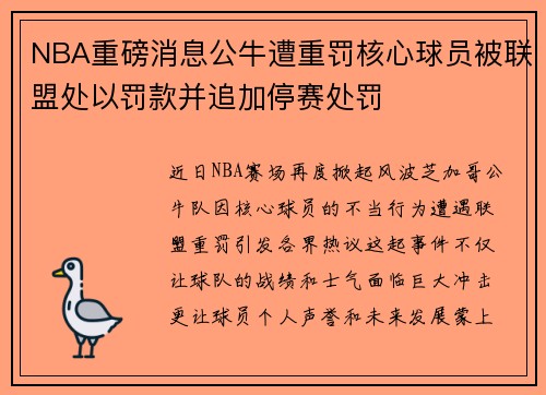 NBA重磅消息公牛遭重罚核心球员被联盟处以罚款并追加停赛处罚